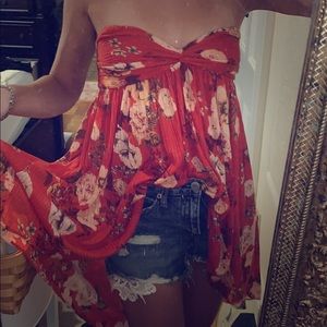 Free People Red Floral High Low Top